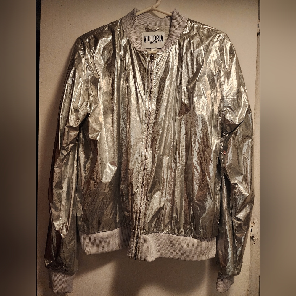 Victoria Sport Victoria's Secret Silver Metallic Bomber Jacket Large